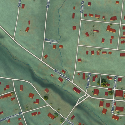 Close-up of the map of Falls City, Oregon print showing street and building detail