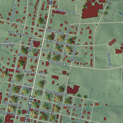 Close-up of the map of Ferdinand, Indiana print showing street and building detail
