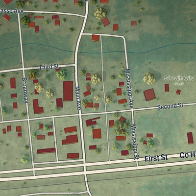 Close-up of the map of Shevlin, Minnesota print showing street and building detail