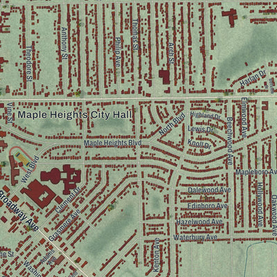 Close-up of the map of Maple Heights, Ohio print showing street and building detail