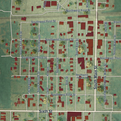 Close-up of the map of Mooreland, Oklahoma print showing street and building detail