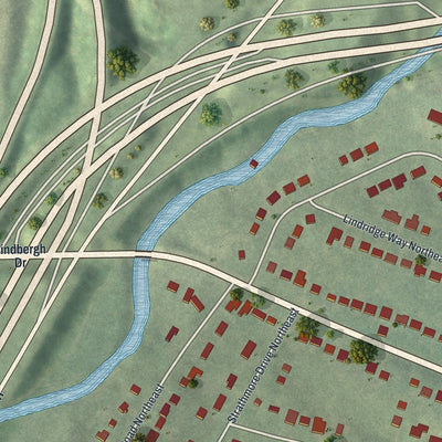 Close-up of the map of Lindridge-Martin Manor, Georgia print showing street and building detail
