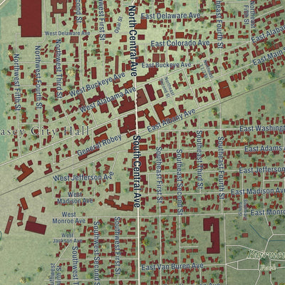Close-up of the map of Casey, Illinois print showing street and building detail