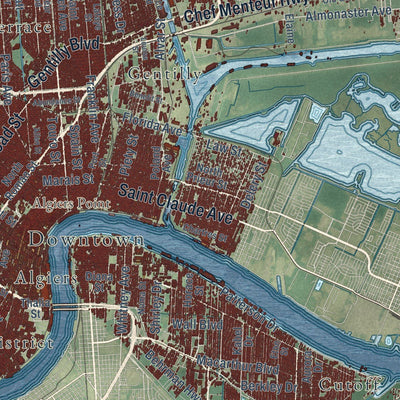 Close-up of the map of New Orleans, Louisiana print showing street and building detail