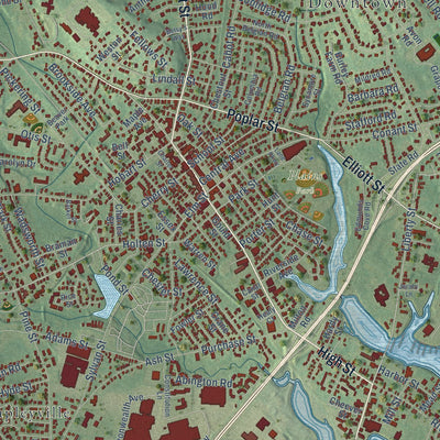 Close-up of the map of Danvers, Massachusetts print showing street and building detail