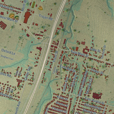 Close-up of the map of Troy, Texas print showing street and building detail