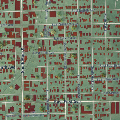 Close-up of the map of Bristow, Oklahoma print showing street and building detail