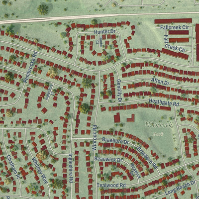 Close-up of the map of Boulder Hill, Illinois print showing street and building detail