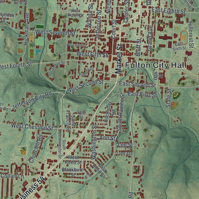 Close-up of the map of Fulton, Missouri print showing street and building detail