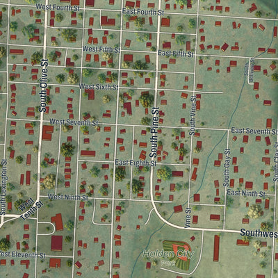 Close-up of the map of Holden, Missouri print showing street and building detail