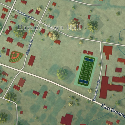 Close-up of the map of Havana, Arkansas print showing street and building detail