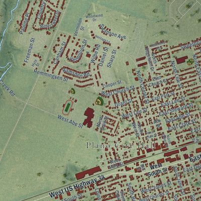 Close-up of the map of Plano, Illinois print showing street and building detail
