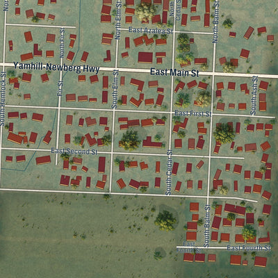 Close-up of the map of Yamhill, Oregon print showing street and building detail