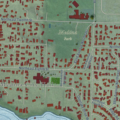 Close-up of the map of Medina, Washington print showing street and building detail