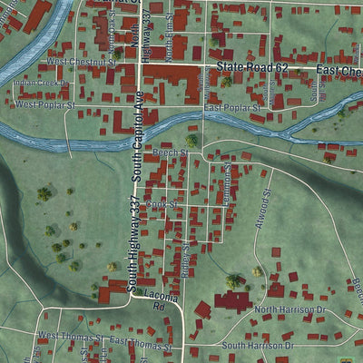 Close-up of the map of Corydon, Indiana print showing street and building detail