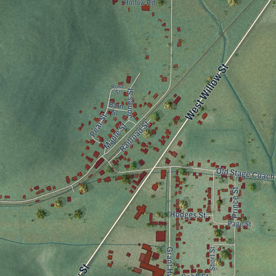 Close-up of the map of Woodville, Alabama print showing street and building detail