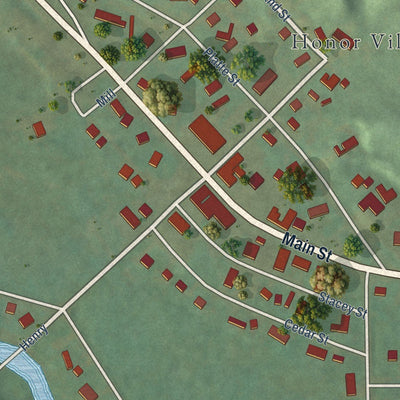 Close-up of the map of Honor, Michigan print showing street and building detail