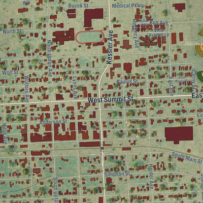 Close-up of the map of Schulenburg, Texas print showing street and building detail