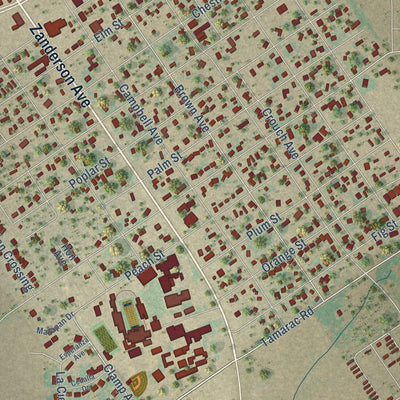 Close-up of the map of Jourdanton, Texas print showing street and building detail