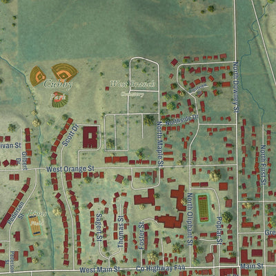 Close-up of the map of West Branch, Iowa print showing street and building detail