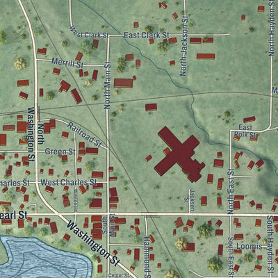 Close-up of the map of Merrillan, Wisconsin print showing street and building detail
