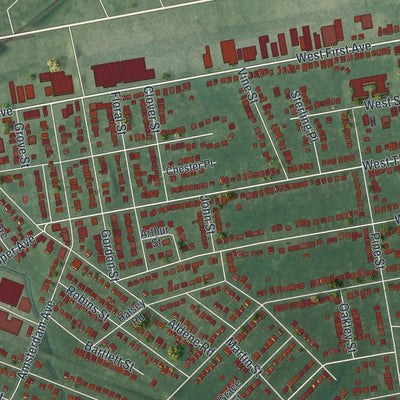 Close-up of the map of Roselle, New Jersey print showing street and building detail