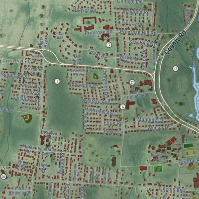 Close-up of the map of Barrington, Rhode Island print showing street and building detail