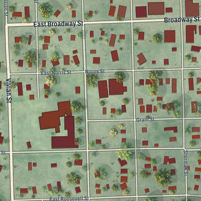 Close-up of the map of Wausa, Nebraska print showing street and building detail
