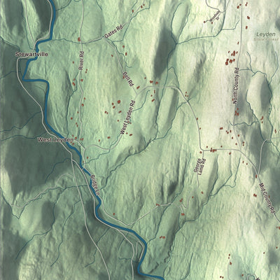 Close-up of the map of Leyden, Massachusetts print showing streets and neighborhoods