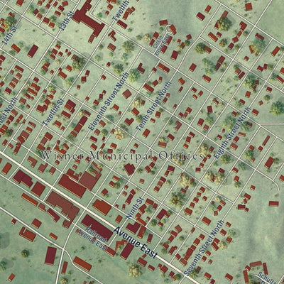 Close-up of the map of Wisner, Nebraska print showing street and building detail