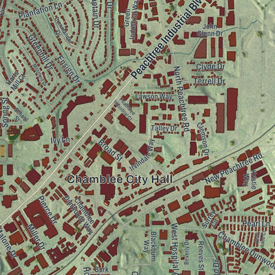 Close-up of the map of Chamblee, Georgia print showing street and building detail