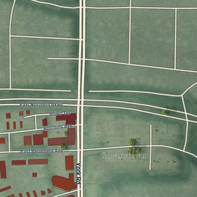 Close-up of the map of Rosebank, Maryland print showing street and building detail