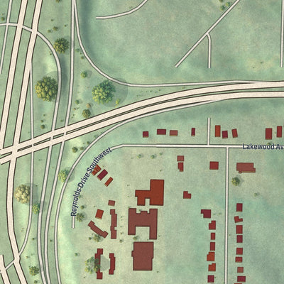 Close-up of the map of Polar Rock, Georgia print showing street and building detail