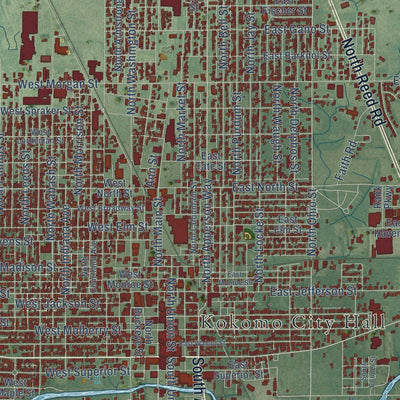 Close-up of the map of Kokomo, Indiana print showing street and building detail