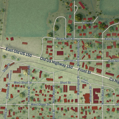 Close-up of the map of Mansfield, Illinois print showing street and building detail