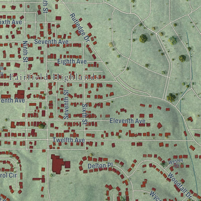 Close-up of the map of Midfield, Alabama print showing street and building detail