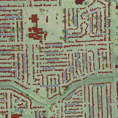 Close-up of the map of Merrydale, Louisiana print showing street and building detail