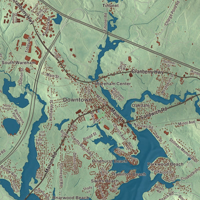 Close-up of the map of Wareham, Massachusetts print showing streets and neighborhoods