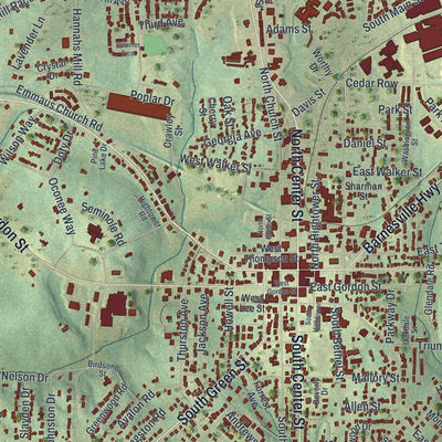 Close-up of the map of Thomaston, Georgia print showing street and building detail