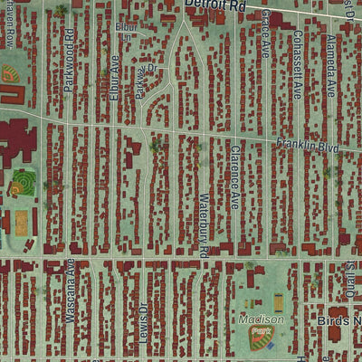 Close-up of the map of Lakewood, Ohio print showing street and building detail