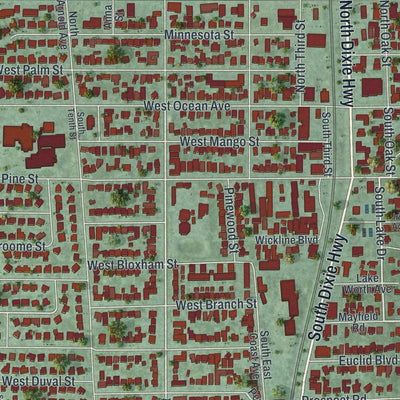 Close-up of the map of Lantana, Florida print showing street and building detail