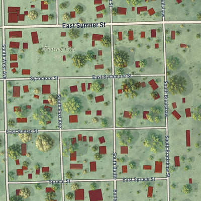 Close-up of the map of Western, Nebraska print showing street and building detail
