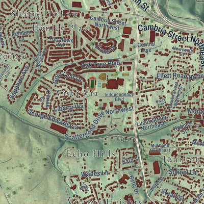 Close-up of the map of Christiansburg, Virginia print showing street and building detail