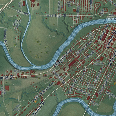 Close-up of the map of Defiance, Ohio print showing street and building detail