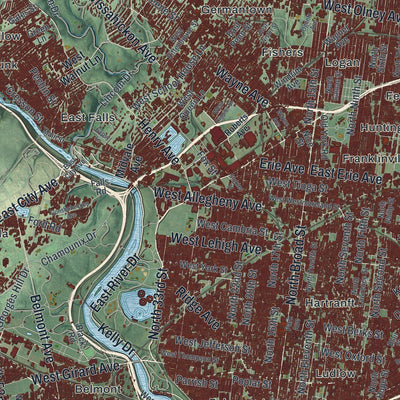 Close-up of the map of Philadelphia, Pennsylvania print showing street and building detail