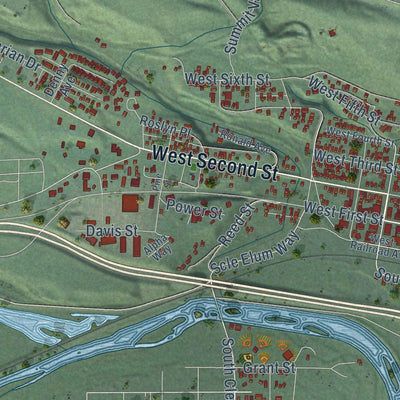 Close-up of the map of Cle Elum, Washington print showing street and building detail