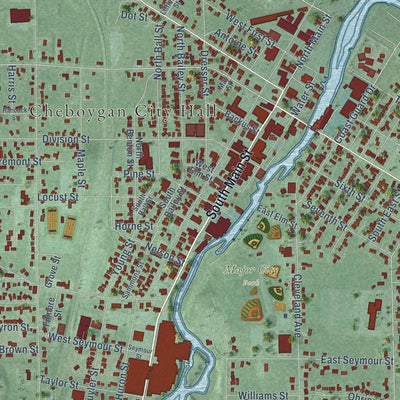 Close-up of the map of Cheboygan, Michigan print showing street and building detail