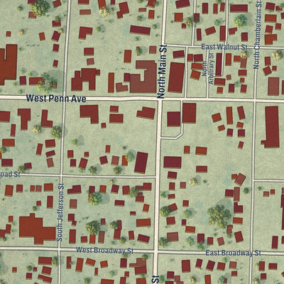 Close-up of the map of Roseville, Illinois print showing street and building detail
