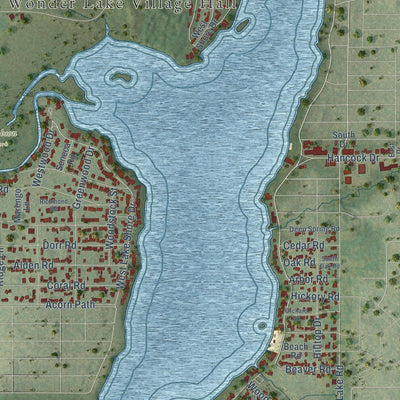 Close-up of the map of Wonder Lake, Illinois print showing street and building detail