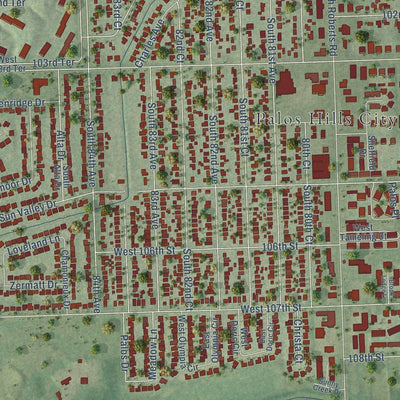 Close-up of the map of Palos Hills, Illinois print showing street and building detail
